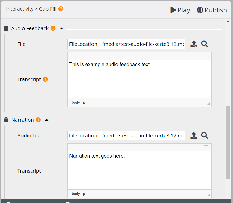 Gap fill Audio Feedback and Narration properties