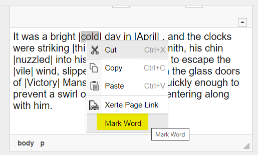 Right-click context menu to access 'mark word' feature.