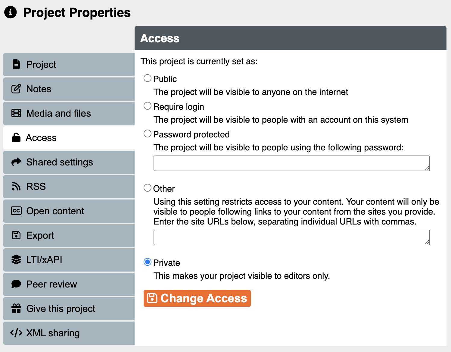 Project properties pop-up.