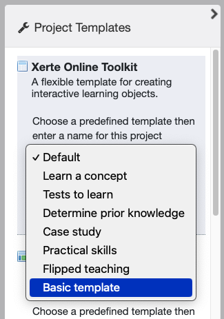 Example sub-template menu in Xerte