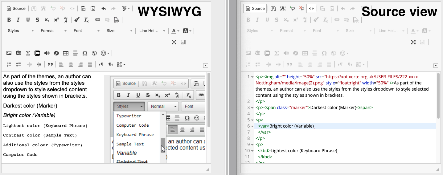 WYSIWYG and source view comparison.