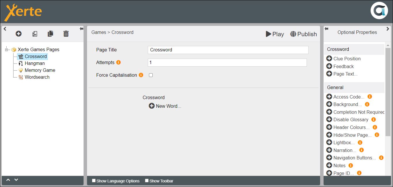 Screenshot of Games > Crossword page in editor