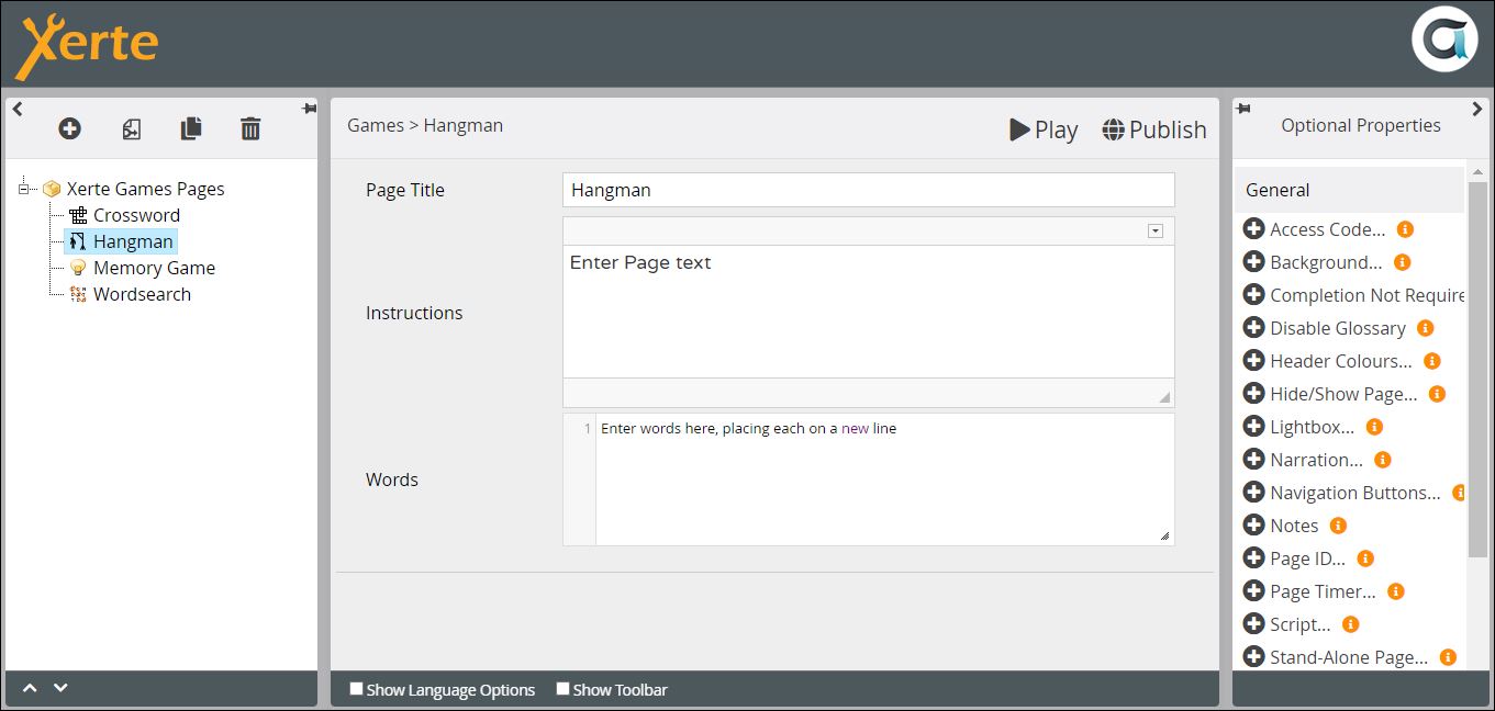 Screenshot of Games > Hangman page in editor