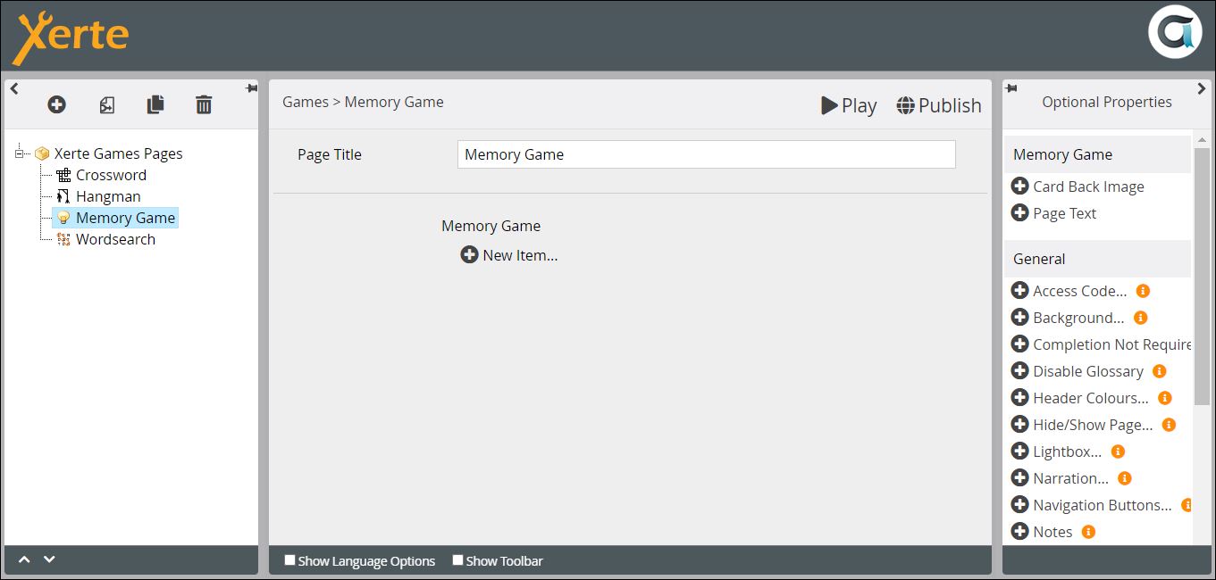 Screenshot of Games > Memory Game page in editor