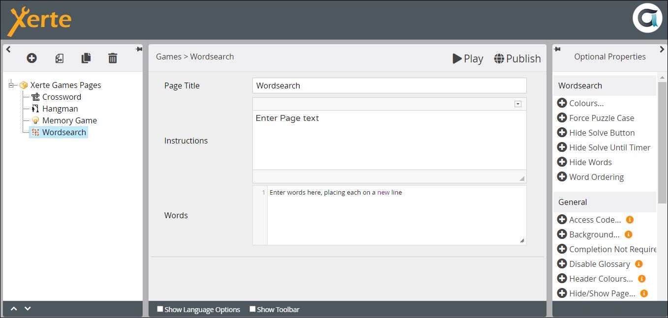 Screenshot of Games > Wordsearch page in editor