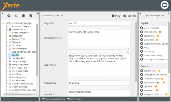 Screenshot of Interactivity > Gap Fill page in editor