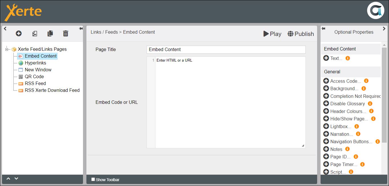 Screenshot of Links/Feeds> Embed Content page in editor