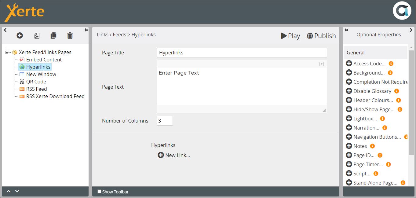 Screenshot of Links/Feeds> Hyperlinks page in editor