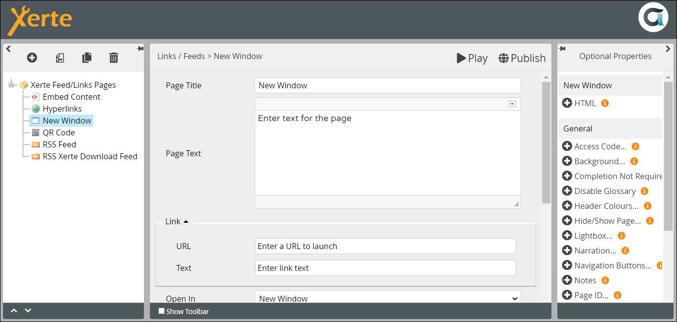 Screenshot of Links/Feeds> New Window page in editor