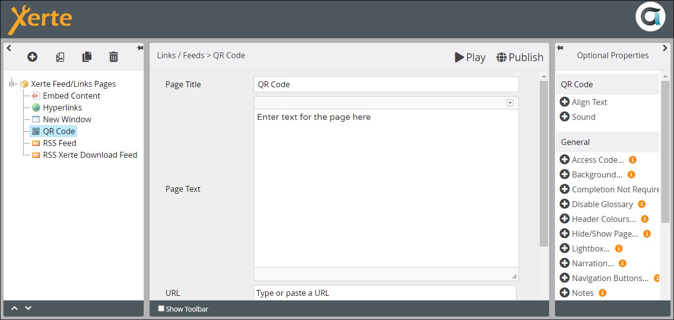 Screenshot of Links/Feeds> QR Code page in editor