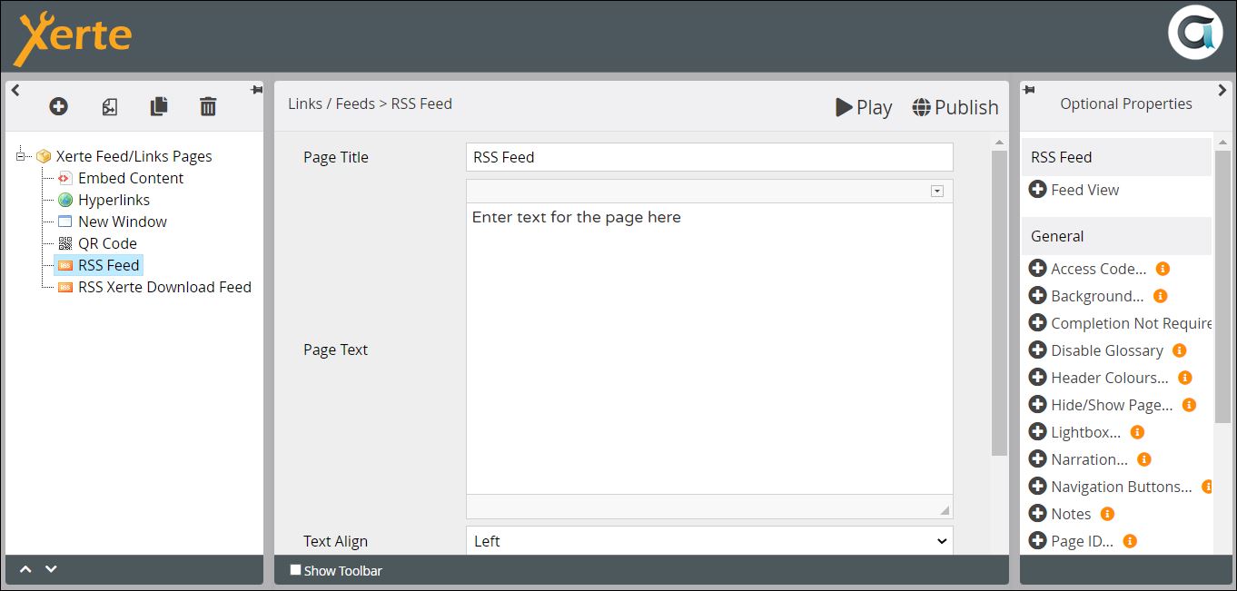 Screenshot of Links/Feeds> RSS Feed page in editor