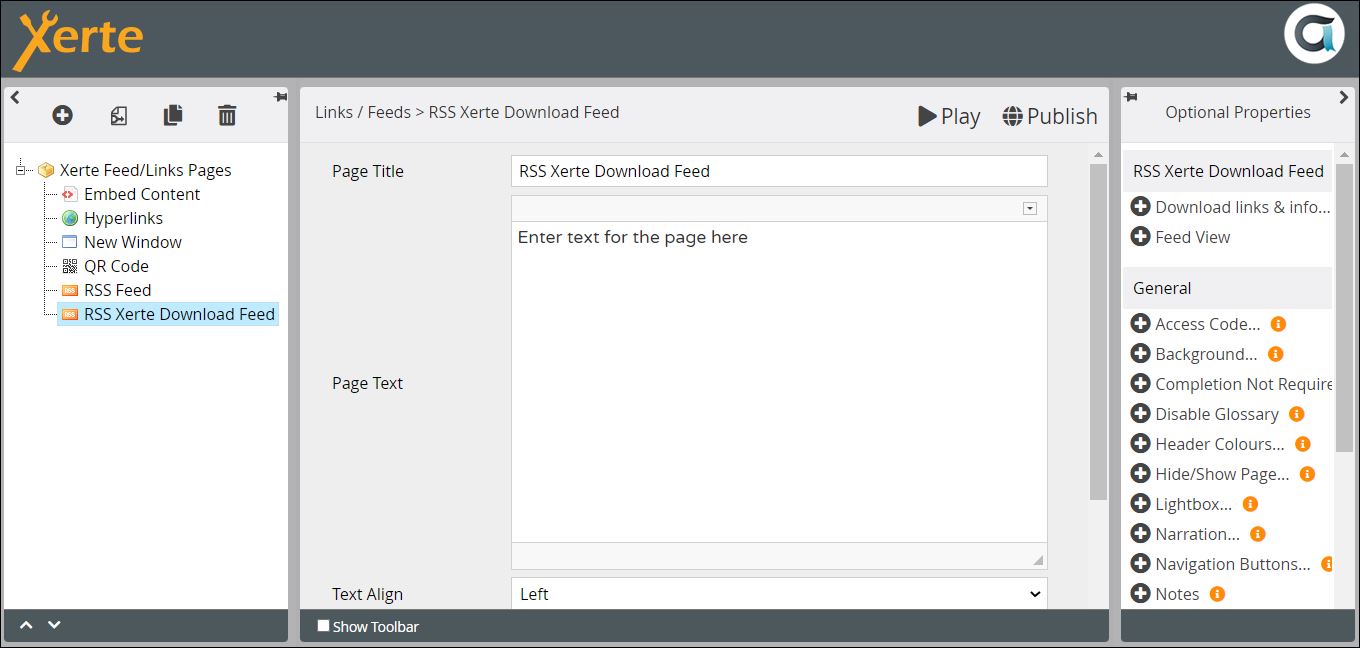 Screenshot of Links/Feeds> RSS Feed page in editor