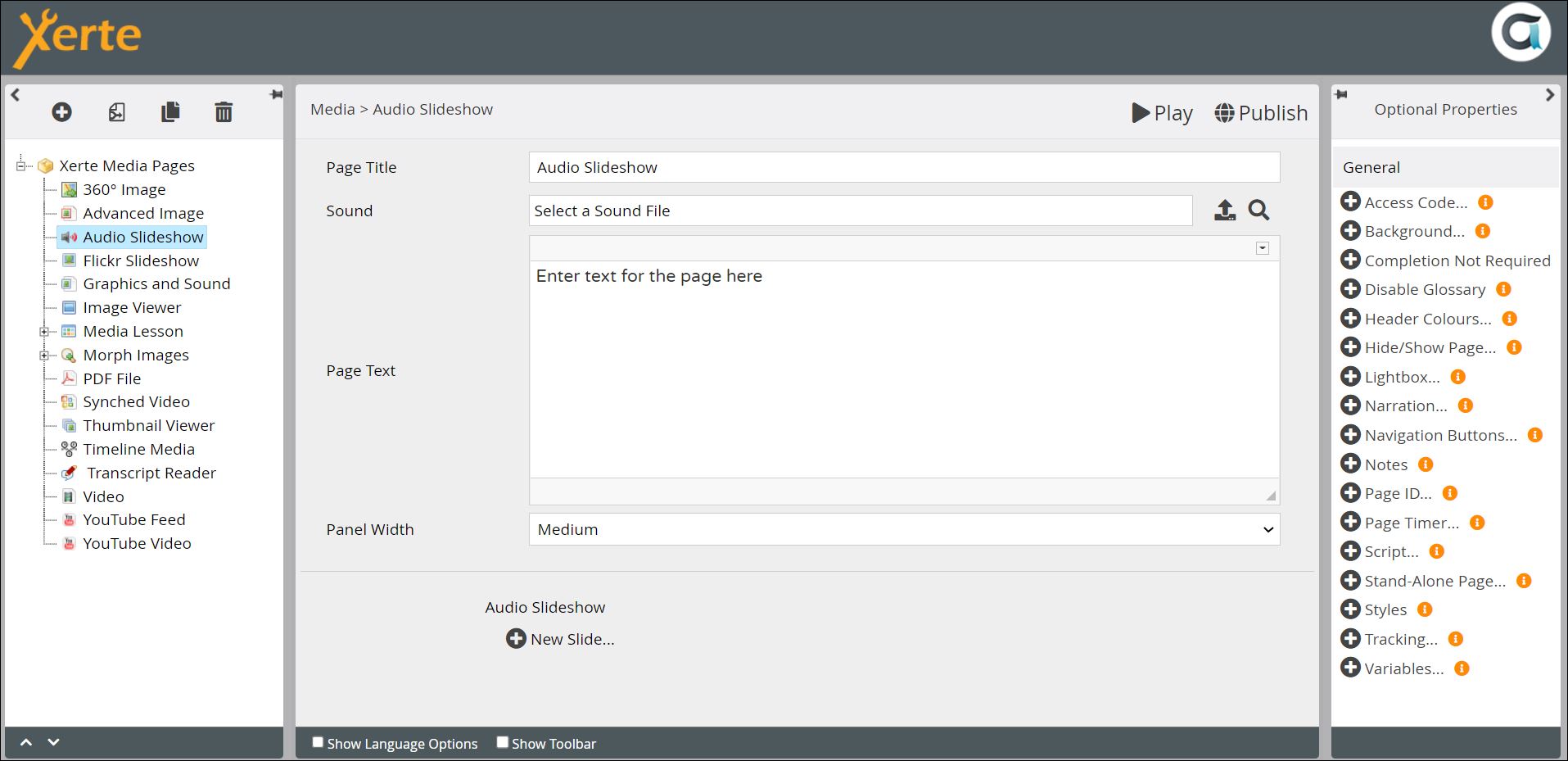Screenshot of Media > Audio Slideshow page in editor