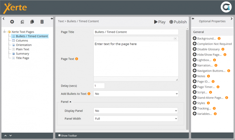 Screenshot of Text > Bullets / Timed Content page in editor